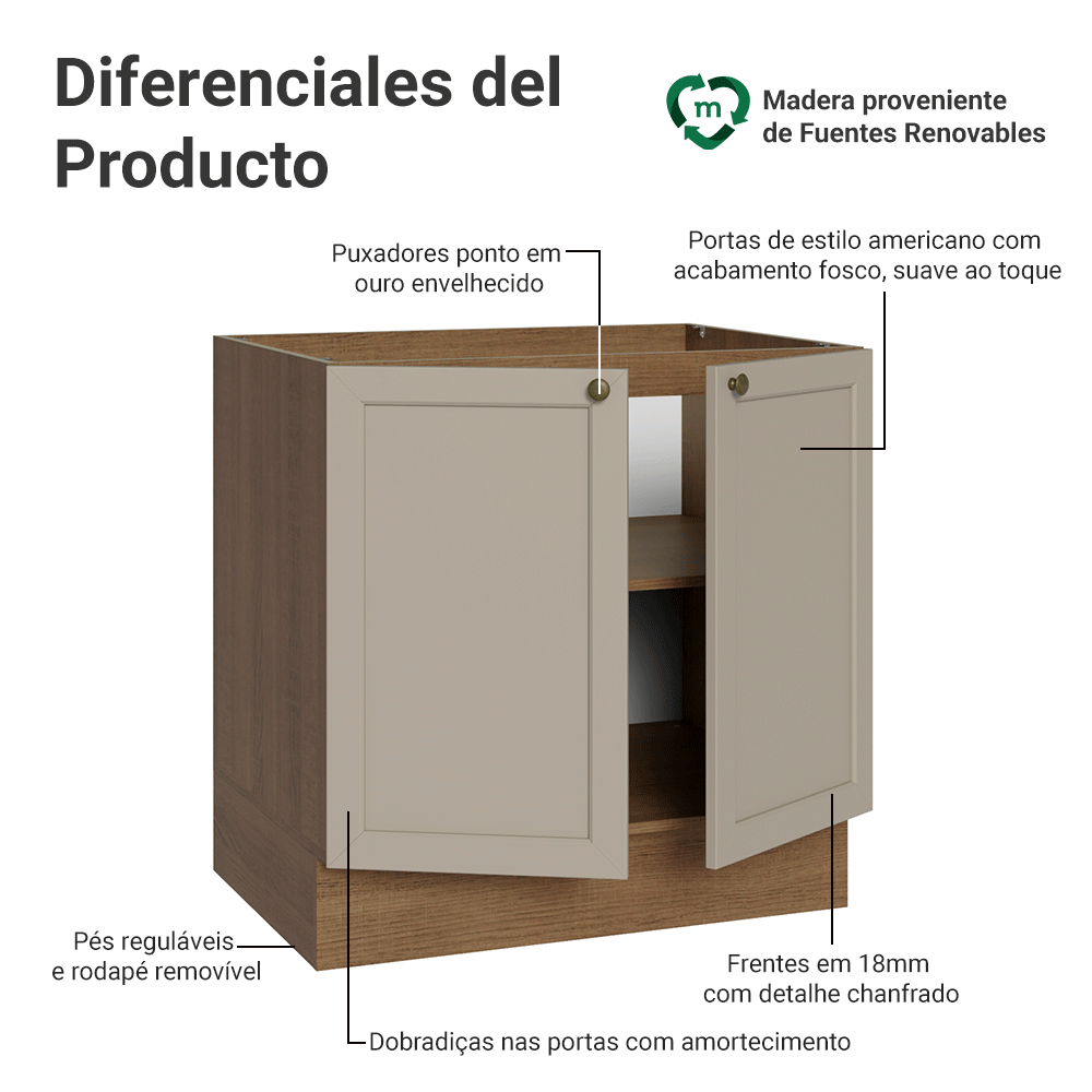 Balcão de Cozinha 80 cm 2 Portas (Sem Tampo) Rustic/Crema Vik Madesa
