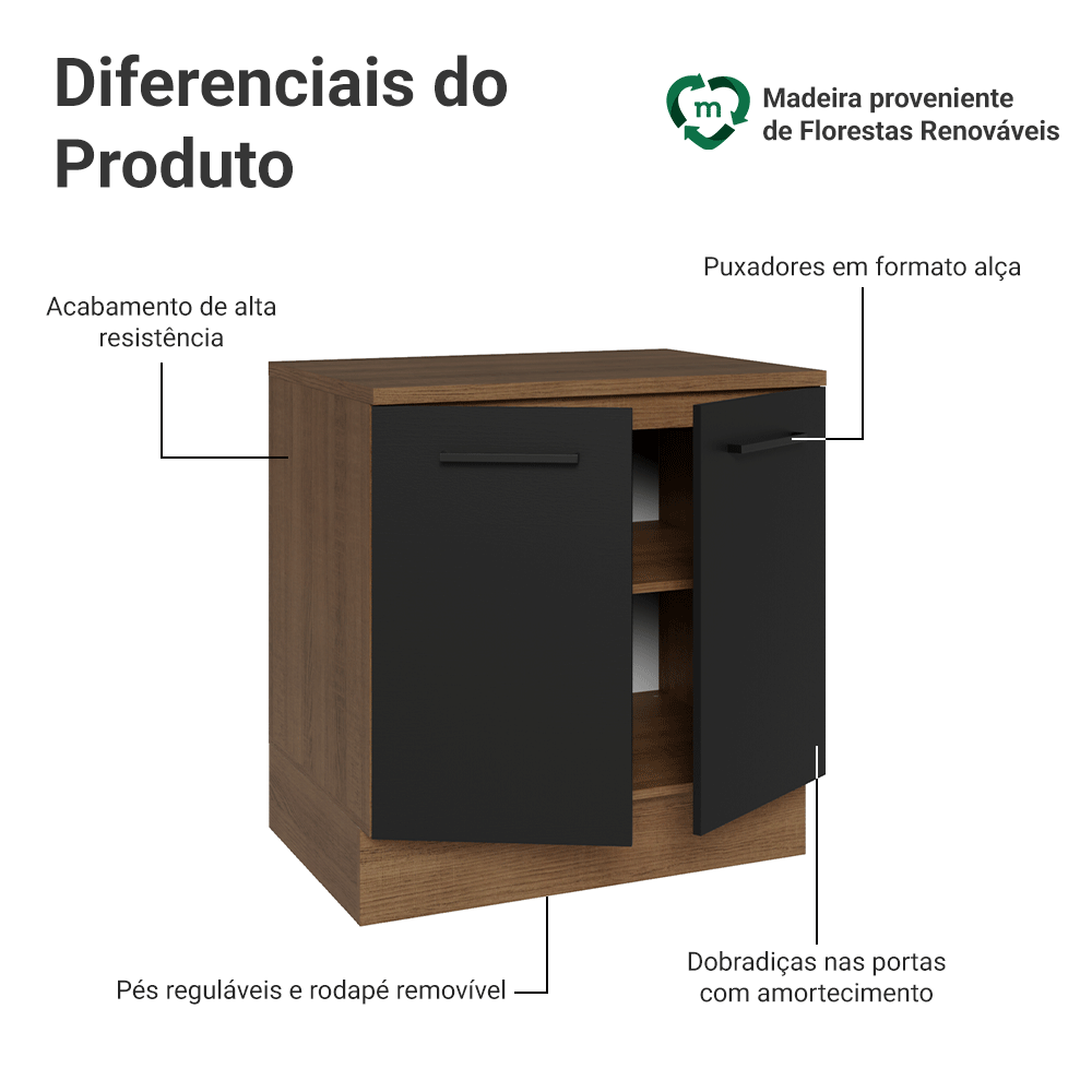Balcão Madesa Agata 80 cm 2 Portas Rustic/Preto
