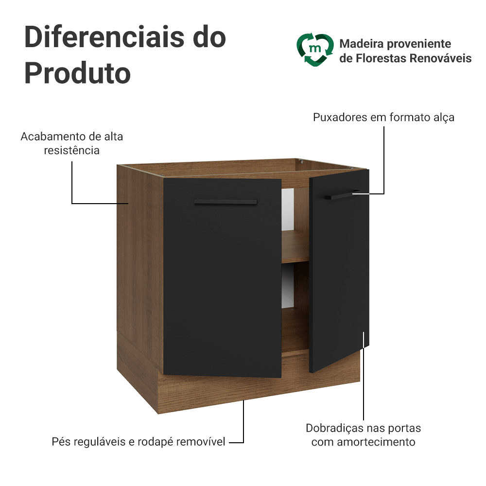 Balcão de Cozinha 80 cm 2 Portas (Sem Tampo) Rustic/Preto Agata Madesa