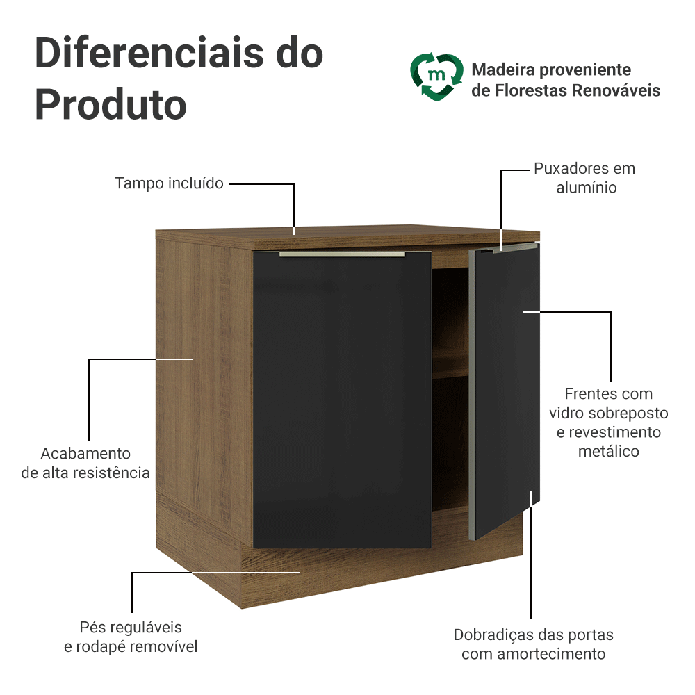 Balcão de Cozinha 80 cm 2 Portas Rustic/Preto Lux Madesa
