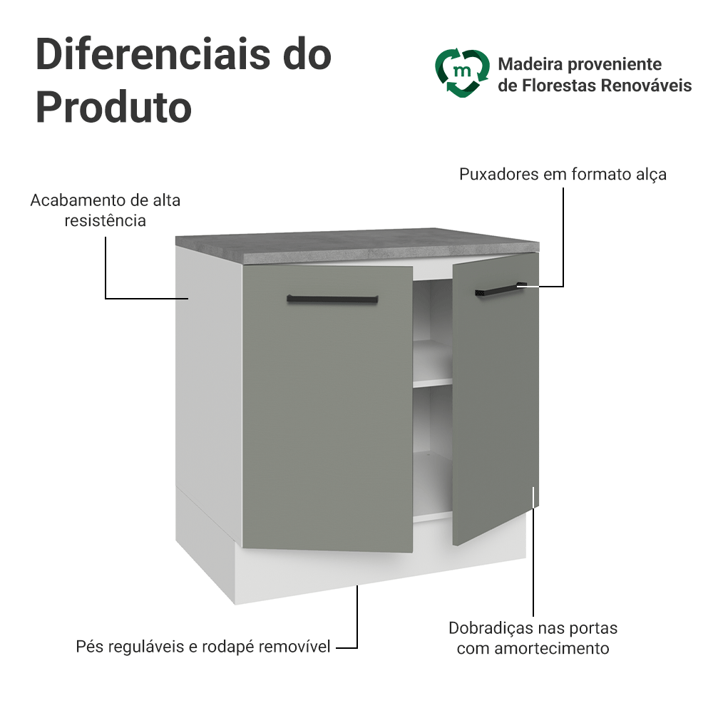 Balcão Madesa Agata 80 cm 2 Portas Branco/Cinza
