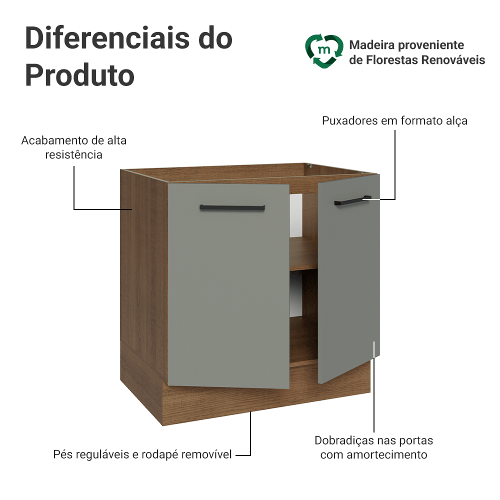 Balcão de Cozinha 80 cm 2 Portas (Sem Tampo) Rustic/Cinza Agata Madesa
