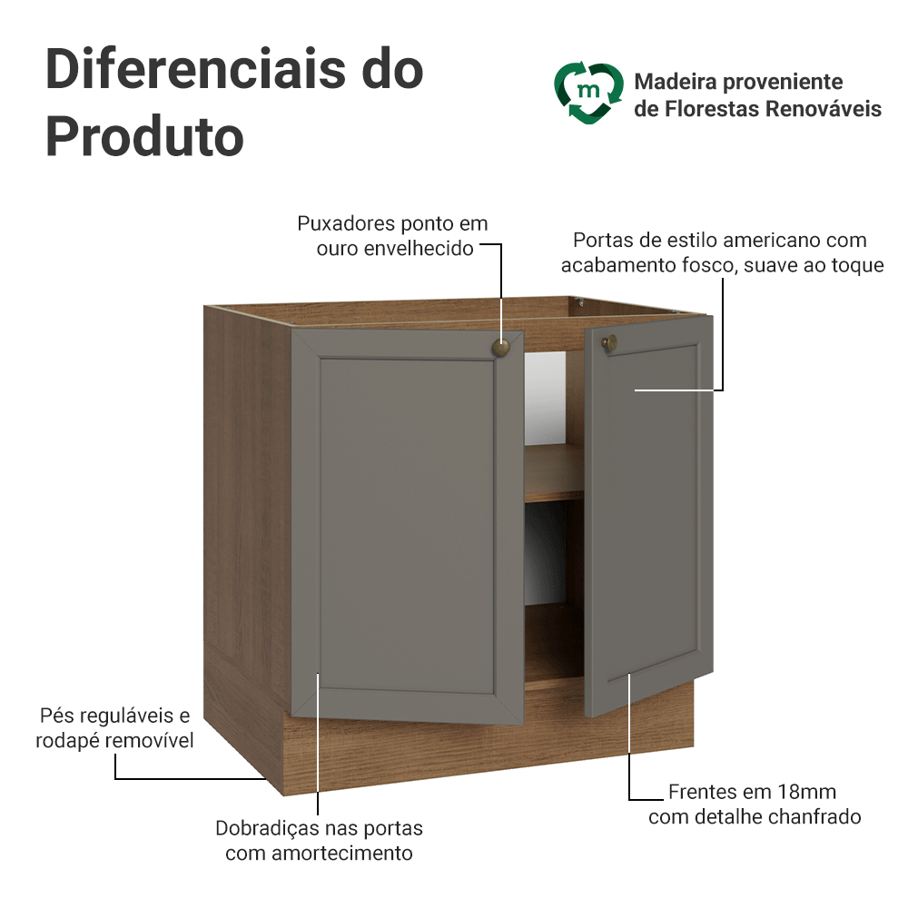 Balcão de Cozinha 80 cm 2 Portas (Sem Tampo) Rustic/Cinza Vik Madesa