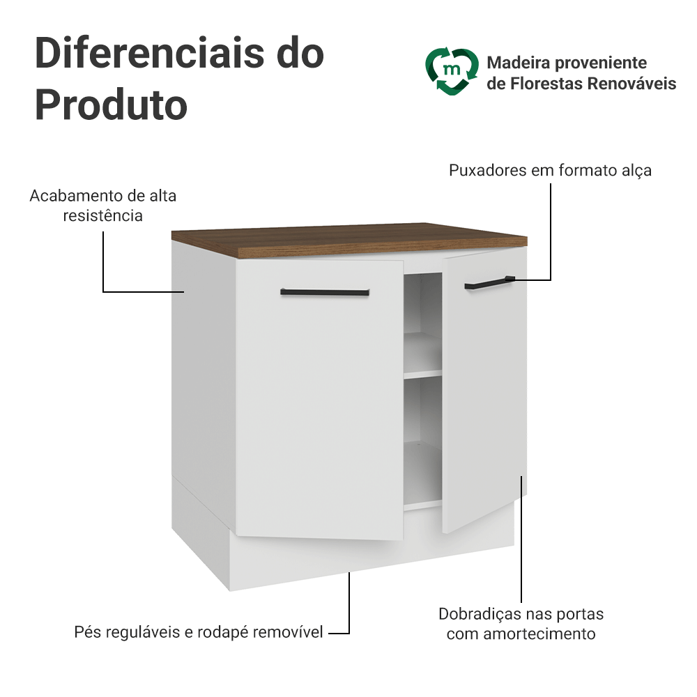 Balcão de Cozinha 80 cm 2 Portas Branco Tampo Rustic Agata Madesa