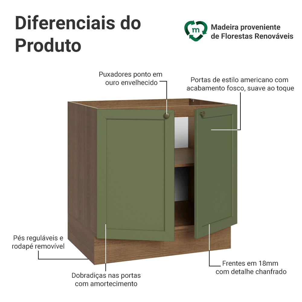 Balcão de Cozinha 80 cm 2 Portas (Sem Tampo) Rustic/Verde Vik Madesa