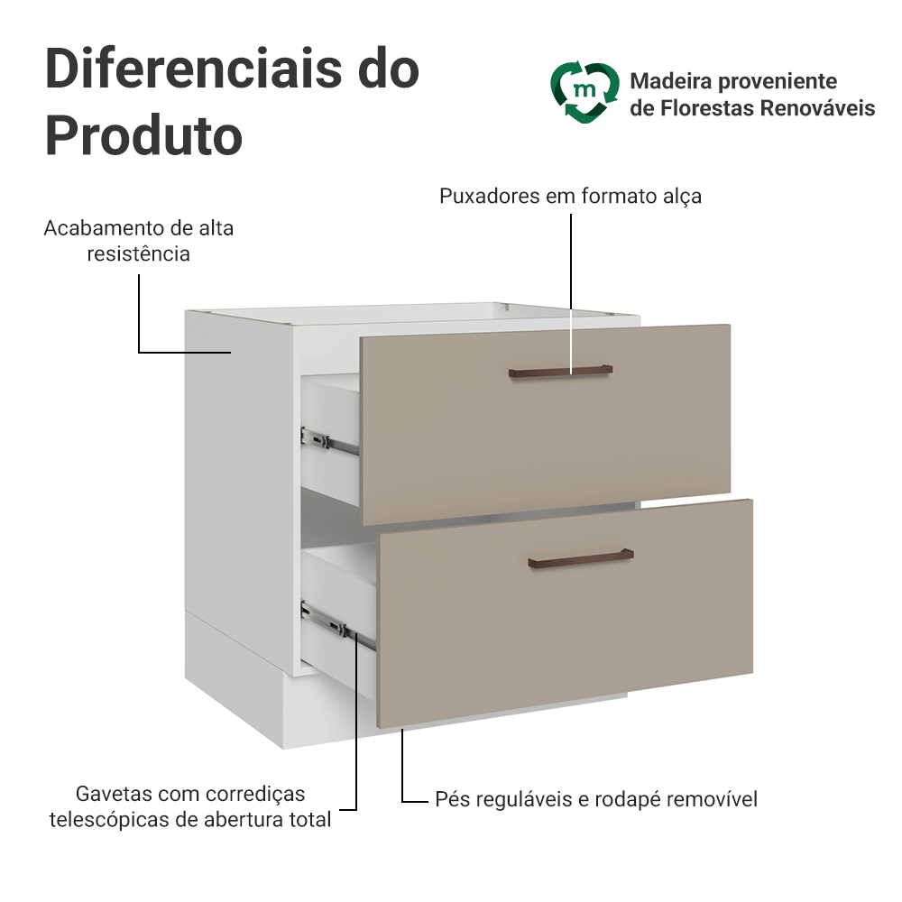 Balcão de Cozinha 80 cm 2 Gavetas (Sem Tampo) Branco/Crema Agata Madesa