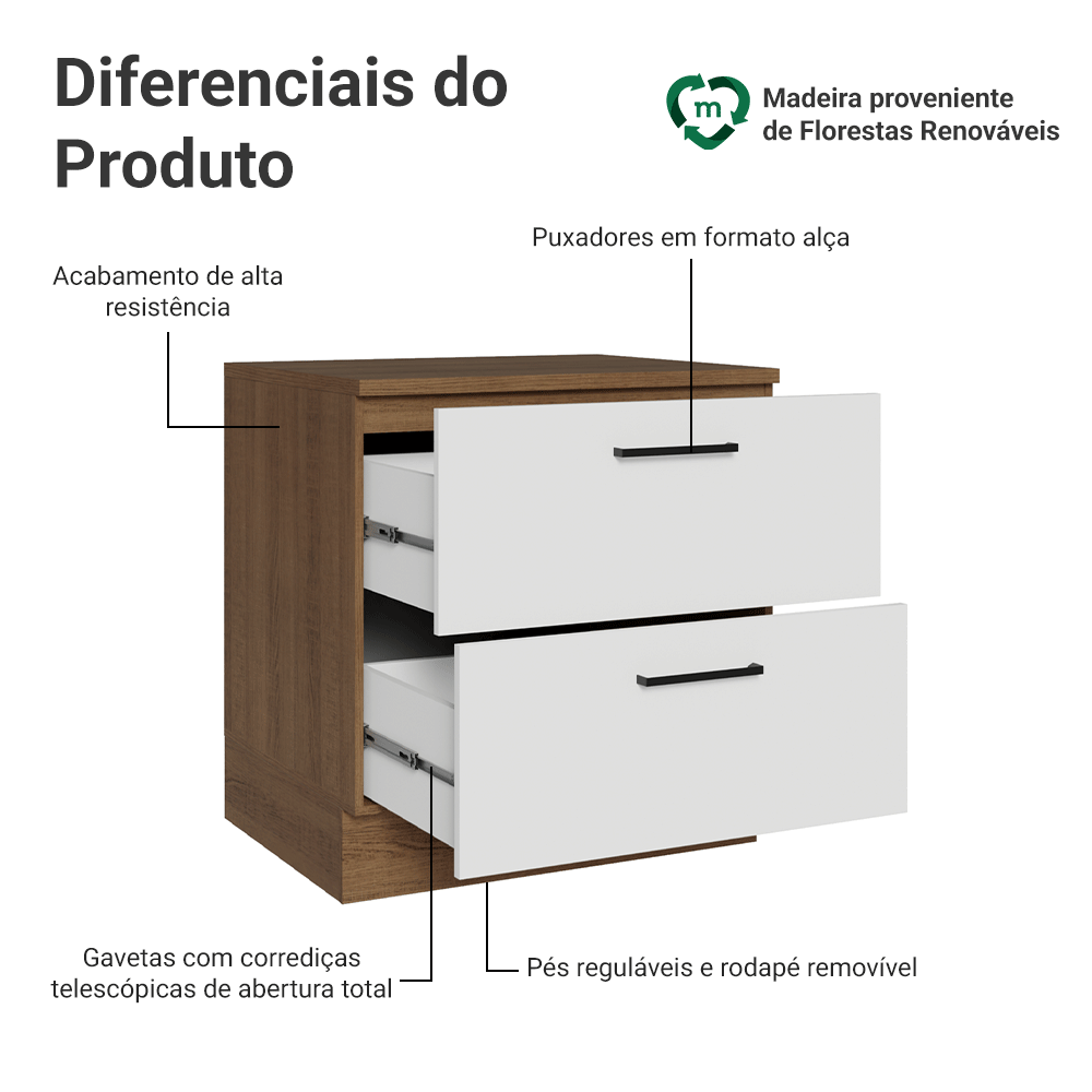 Balcão 80 cm 2 Gavetas Rustic/Branco Agata Madesa