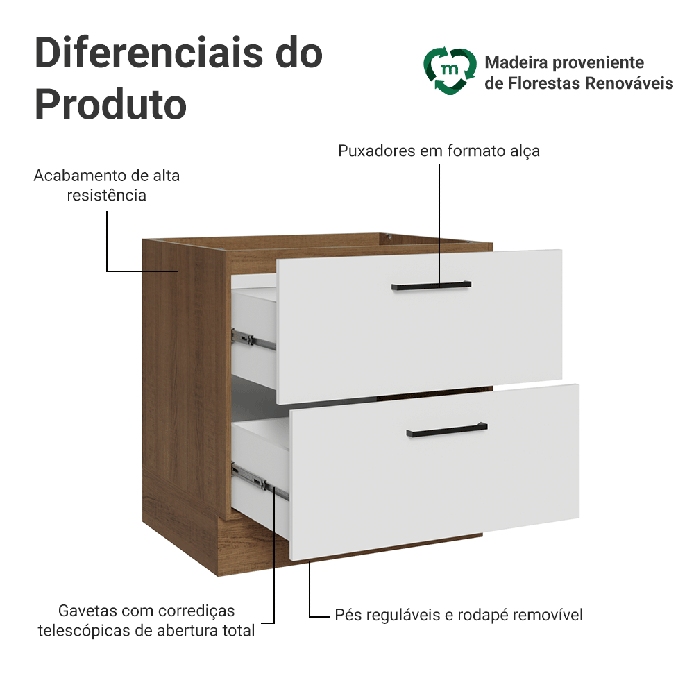 Balcão de Cozinha 80 cm 2 Gavetas (Sem Tampo) Rustic/Branco Agata Madesa