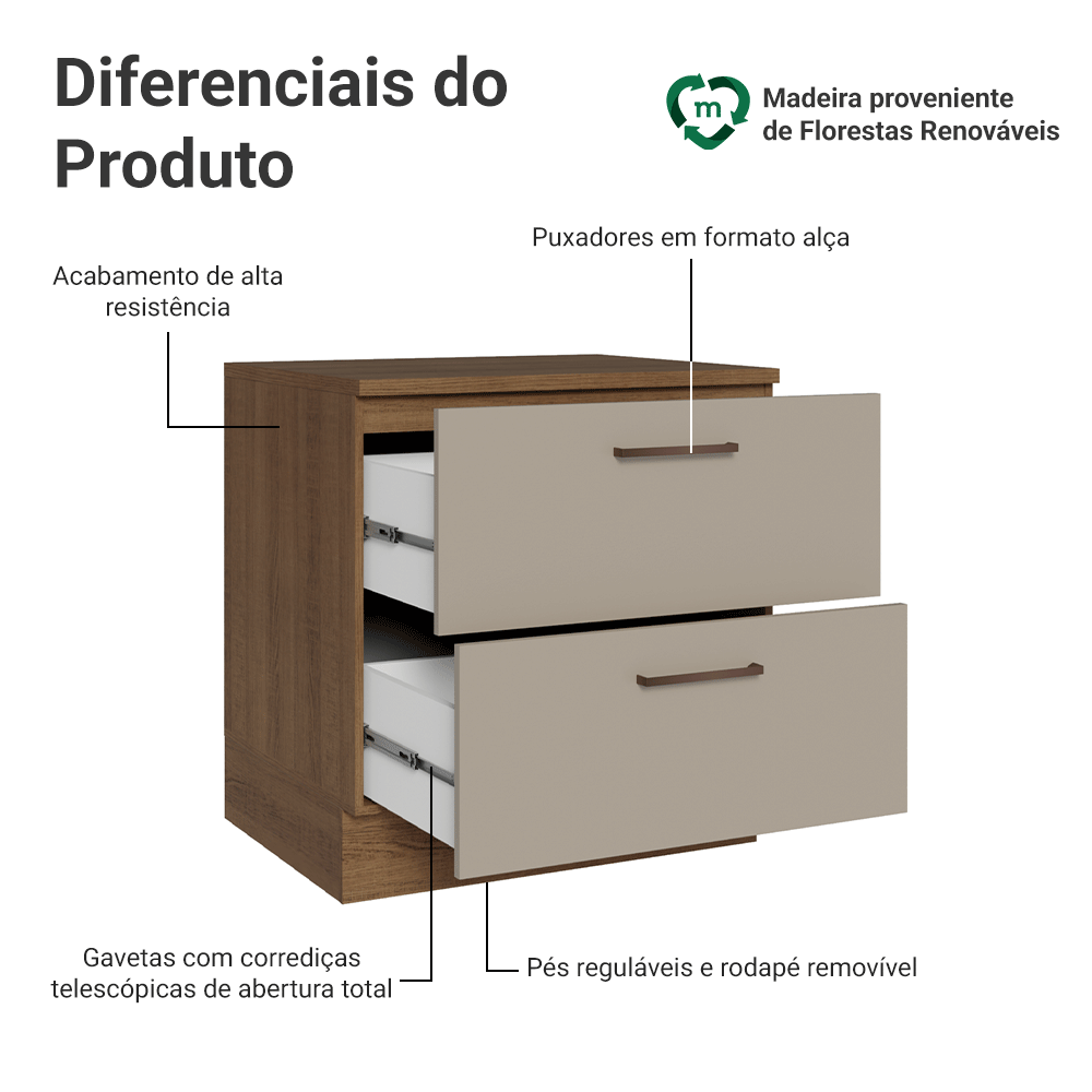 Balcão 80 cm 2 Gavetas Rustic/Crema Agata Madesa