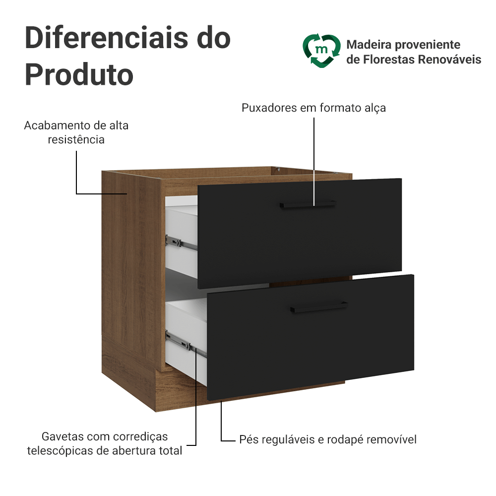 Balcão de Cozinha 80 cm 2 Gavetas (Sem Tampo) Rustic/Preto Agata Madesa