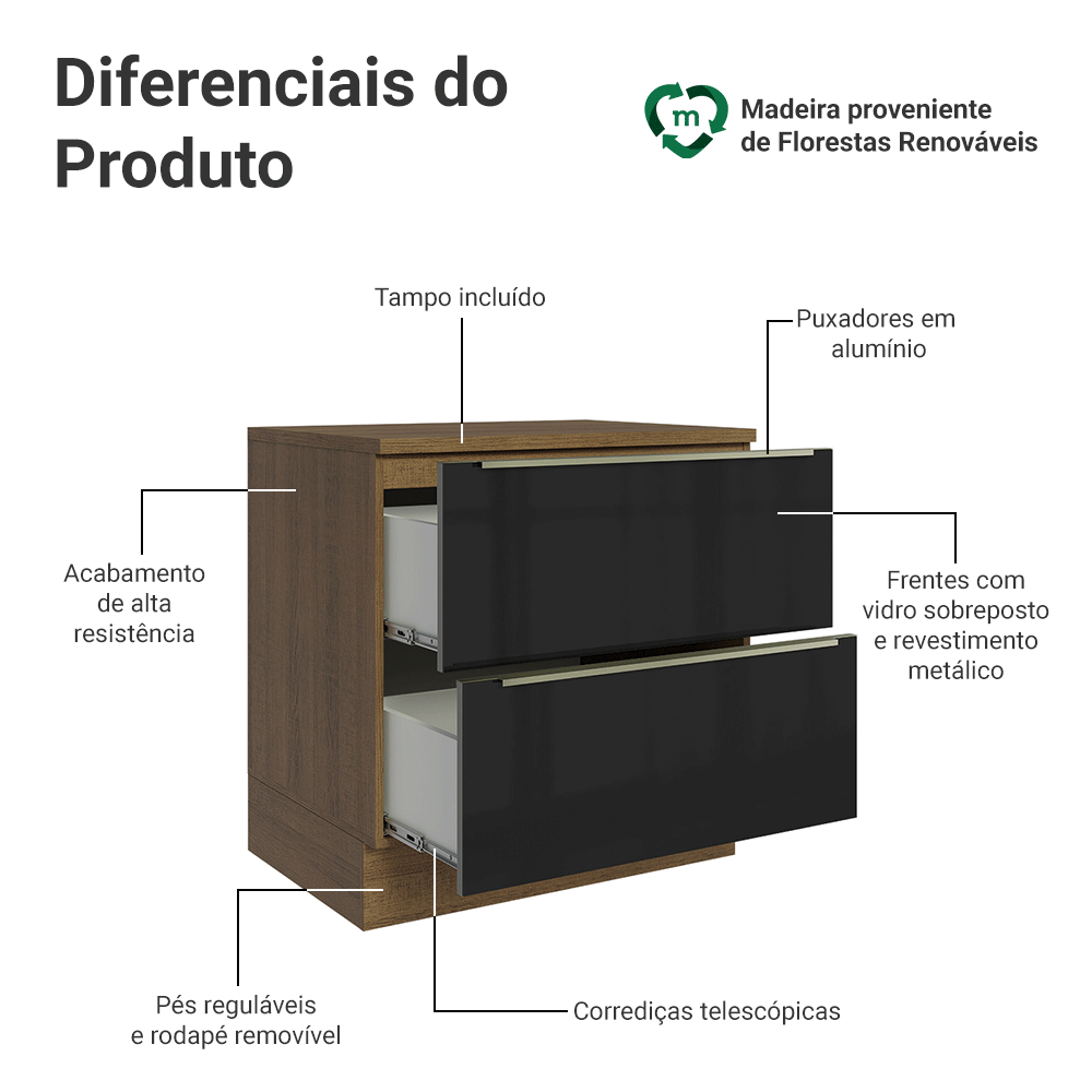 Balcão de Cozinha 80 cm 2 Gavetas Rustic/Preto Lux Madesa