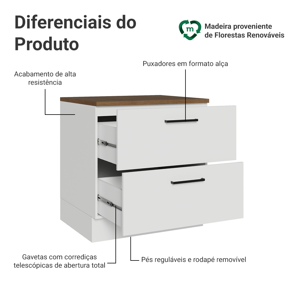 Balcão de Cozinha 80 cm 2 Gavetas Branco Tampo Rustic Agata Madesa