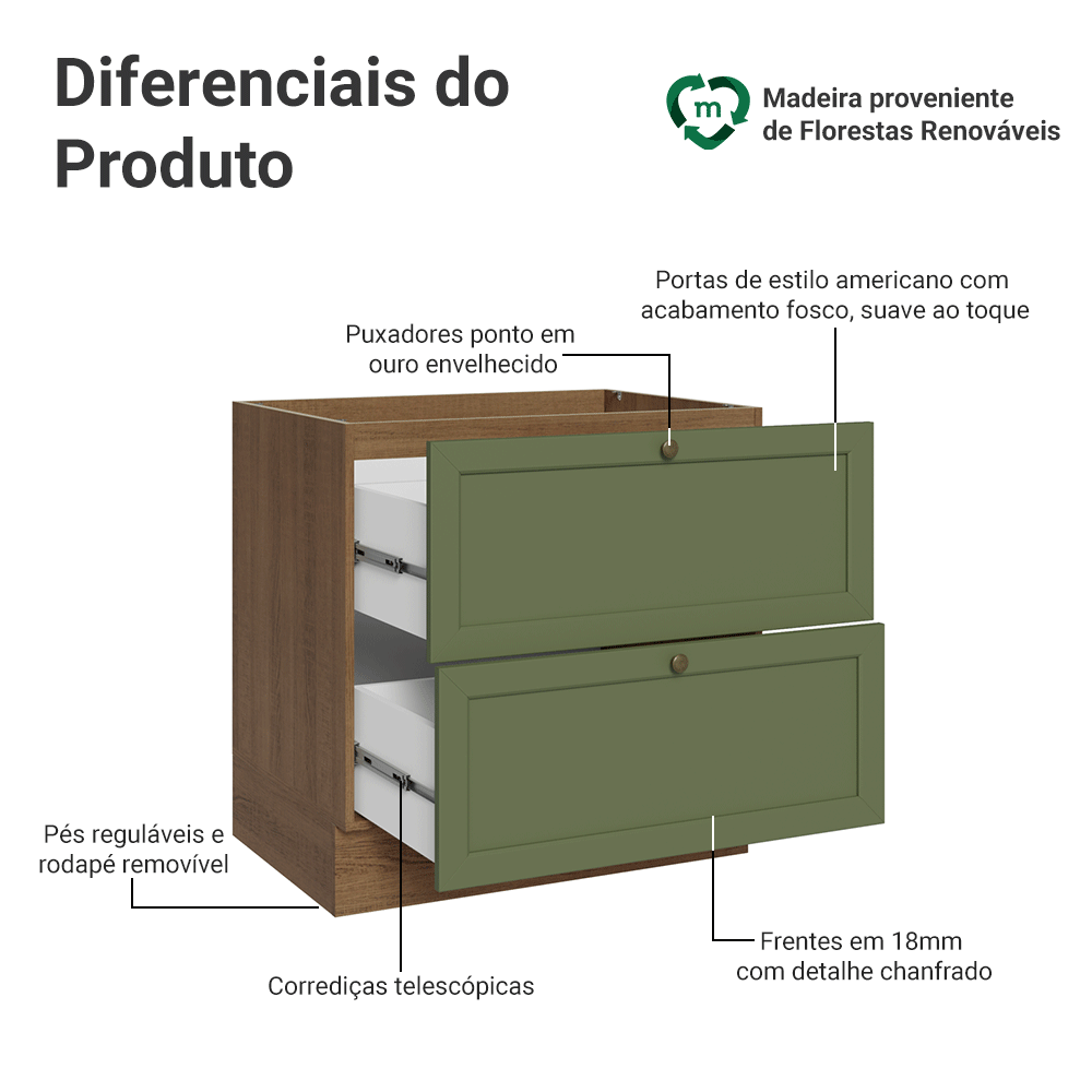 Balcão de Cozinha 80 cm 2 Gavetas (Sem Tampo) Rustic/Verde Vik Madesa