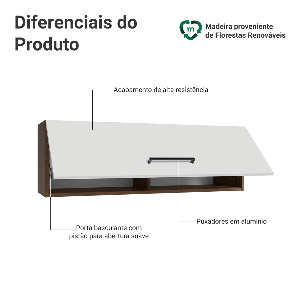 Armário Aéreo 100 cm 1 Porta Basculante Rustic/Branco Agata Madesa