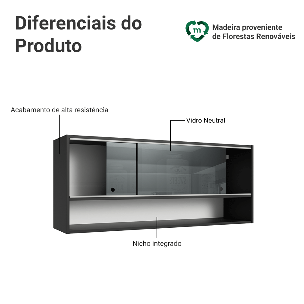 Armário Aéreo 2 Portas de Correr de Vidro Neutral e 1 Nicho Preto Madesa