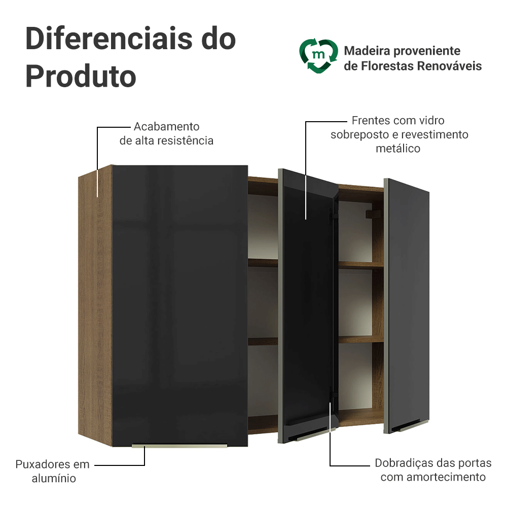 Armário Aéreo Madesa Lux 120 cm 3 Portas Rustic/Preto
