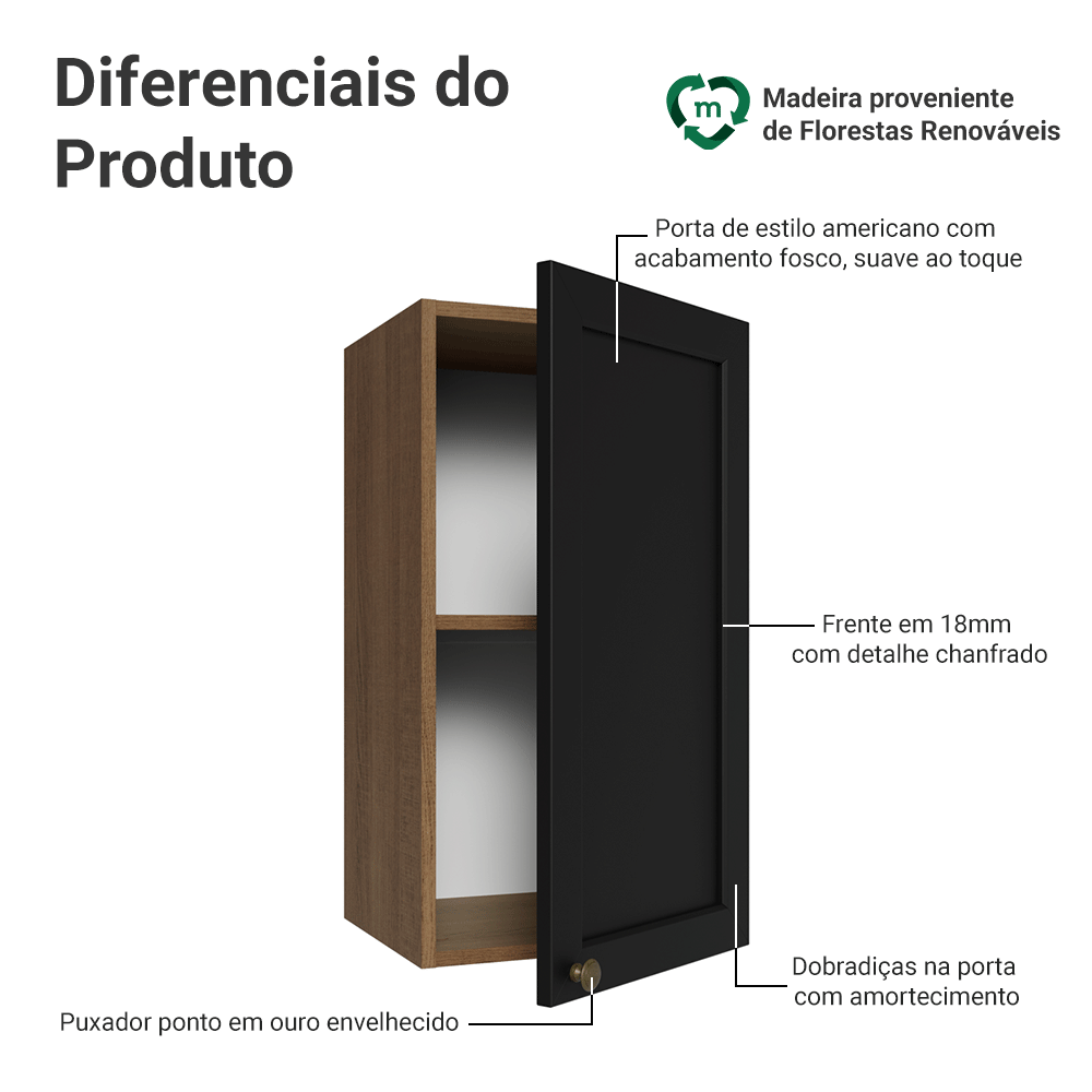 Armário Aéreo 35 cm 1 Porta Rustic/Preto Vik Madesa