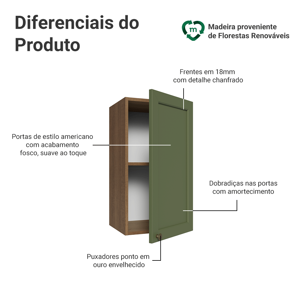 Armário Aéreo 35 cm 1 Porta Rustic/Verde Vik Madesa