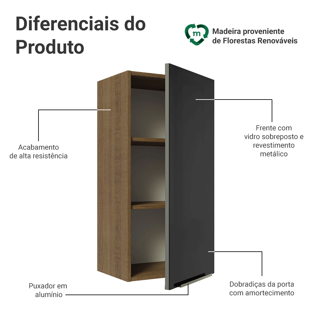 Armário Aéreo Madesa Lux 40 x 83 cm 1 Porta Rustic/Preto