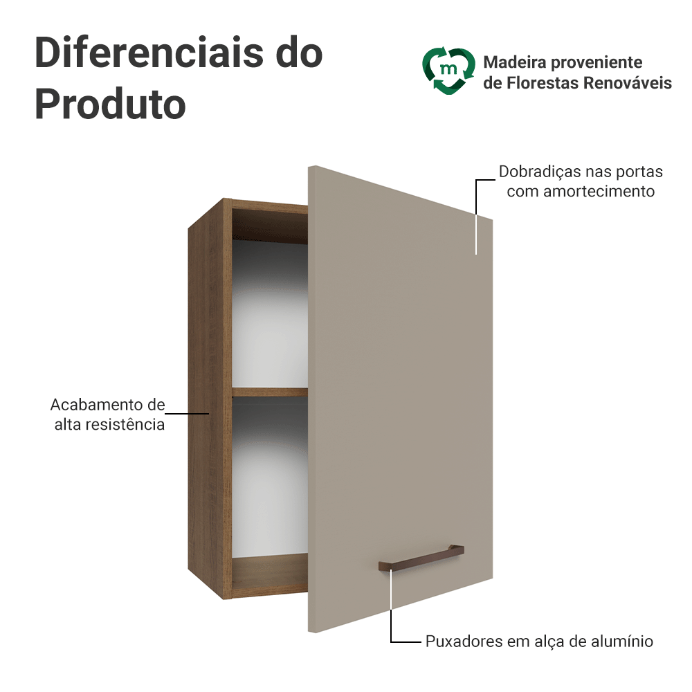 Armário Aéreo 50cm 1 Porta Rustic/Crema Agata Madesa