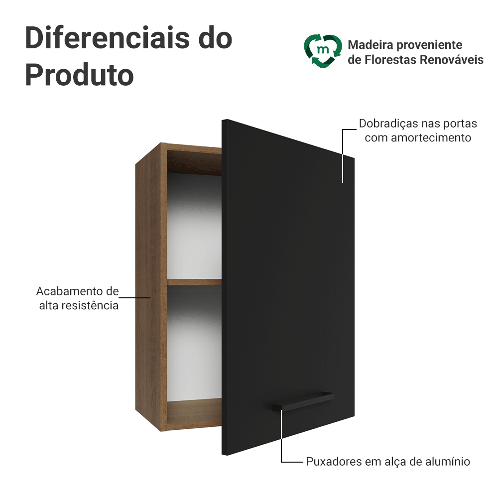 Armário Aéreo 50cm 1 Porta Rustic/Preto Agata Madesa
