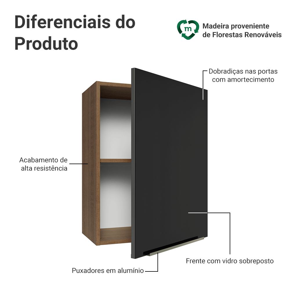 Armário Aéreo 50cm 1 Porta Rustic/Preto Lux Madesa