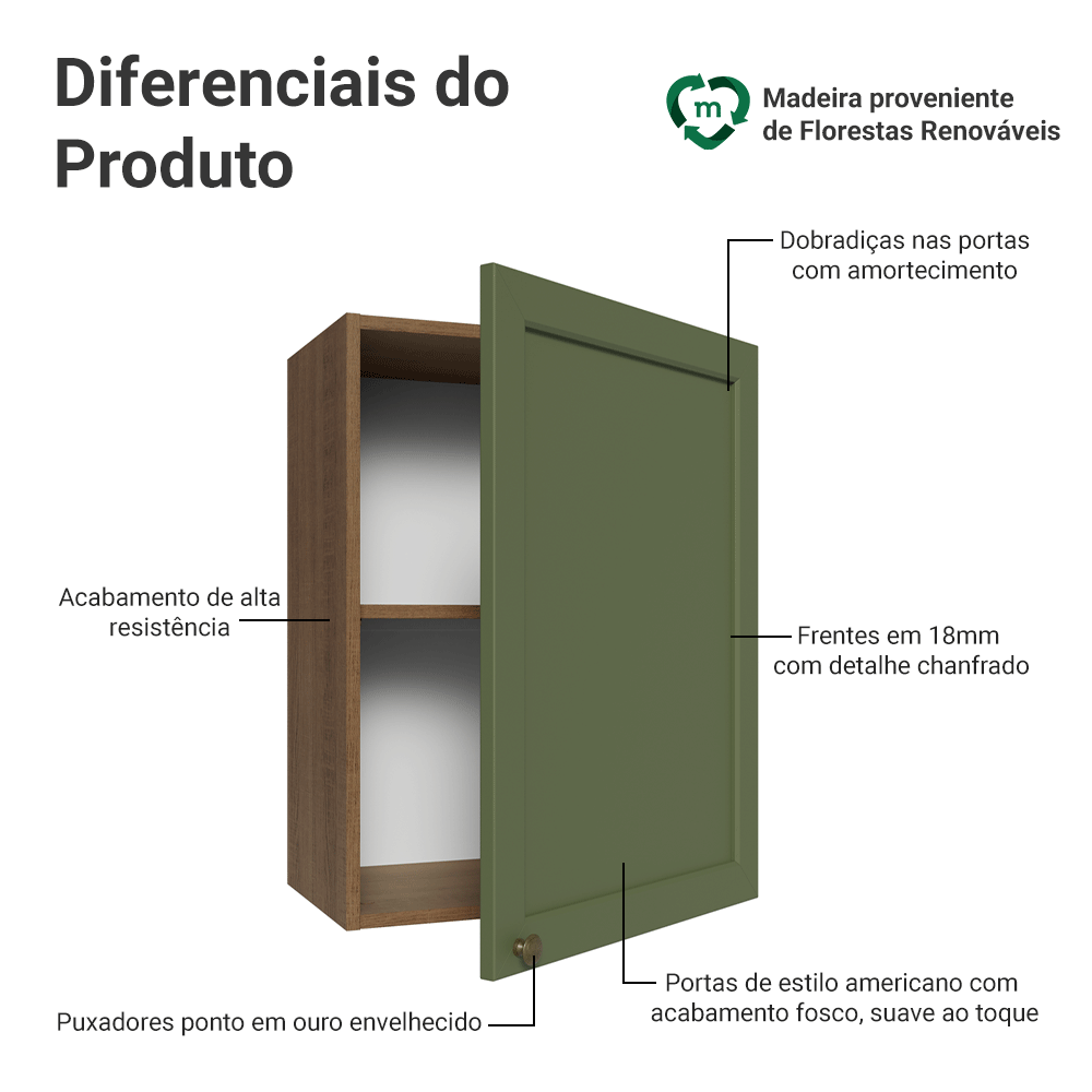 Armário Aéreo 50cm 1 Porta Rustic/Verde Vik Madesa