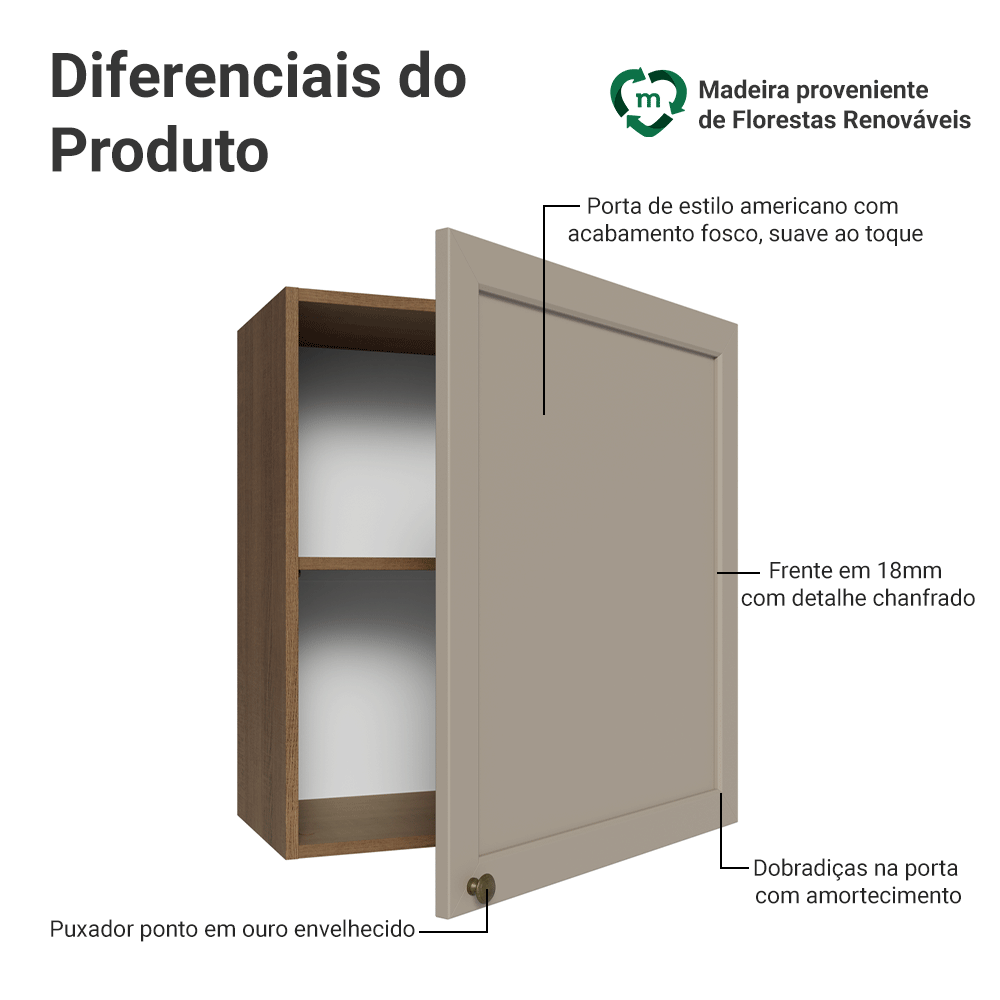 Armário Aéreo 60 cm 1 Porta Rustic/Crema Vik Madesa