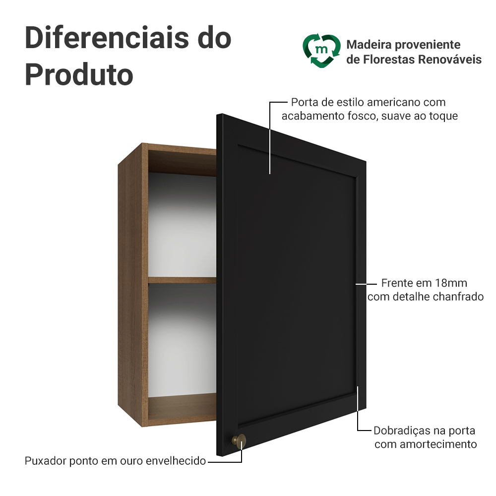 Armário Aéreo 60 cm 1 Porta Rustic/Preto Vik Madesa