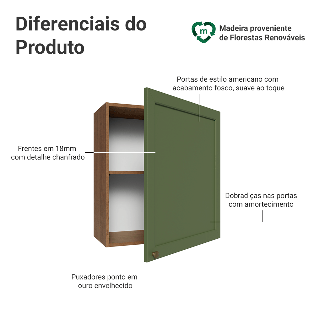 Armário Aéreo 60 cm 1 Porta Rustic/verde Vik Madesa