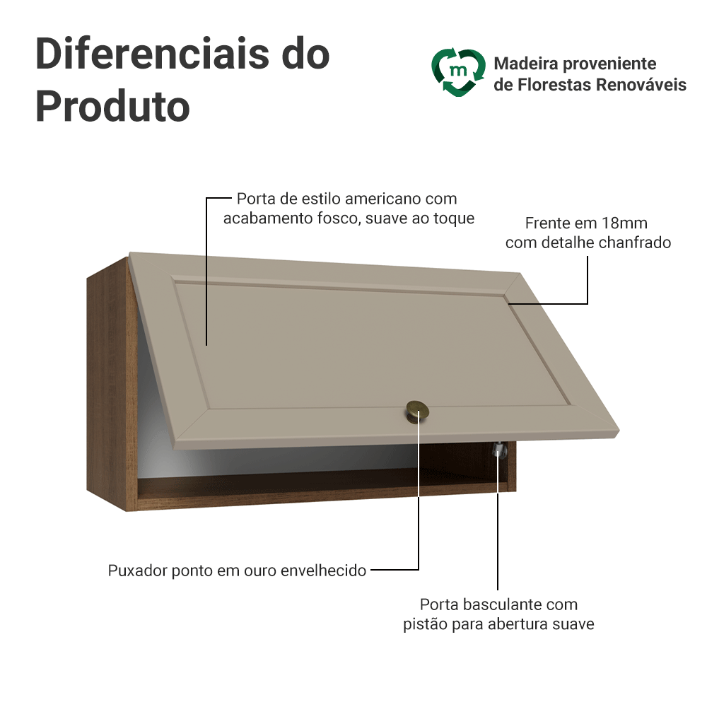 Armário Aéreo 60 cm 1 Porta Basculante Rustic/Crema Vik Madesa