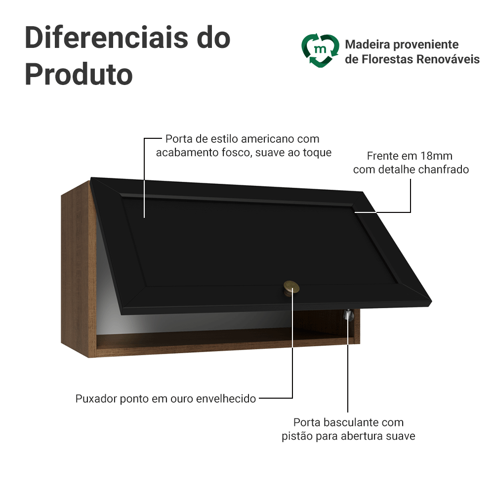 Armário Aéreo 60 cm 1 Porta Basculante Rustic/Preto Vik Madesa