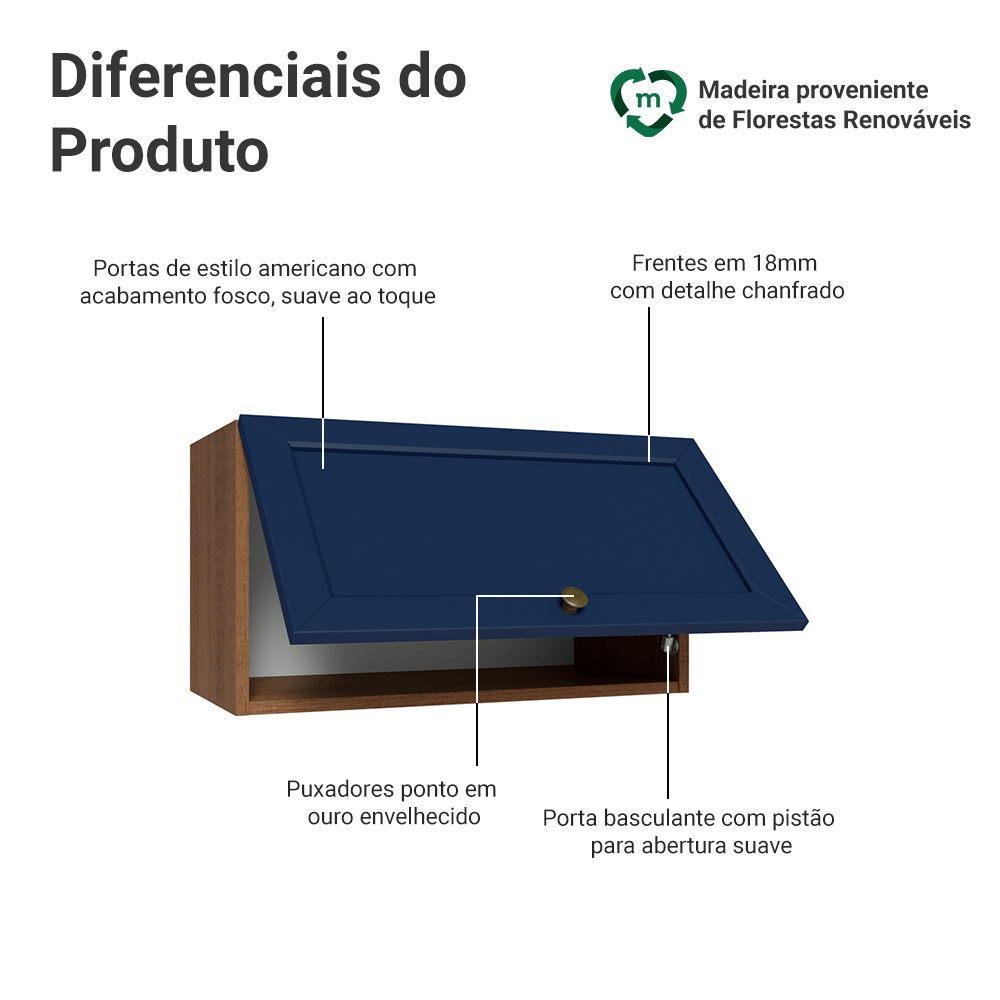 Armário Aéreo 60 cm 1 Porta Basculante Rustic/Azul Vik Madesa