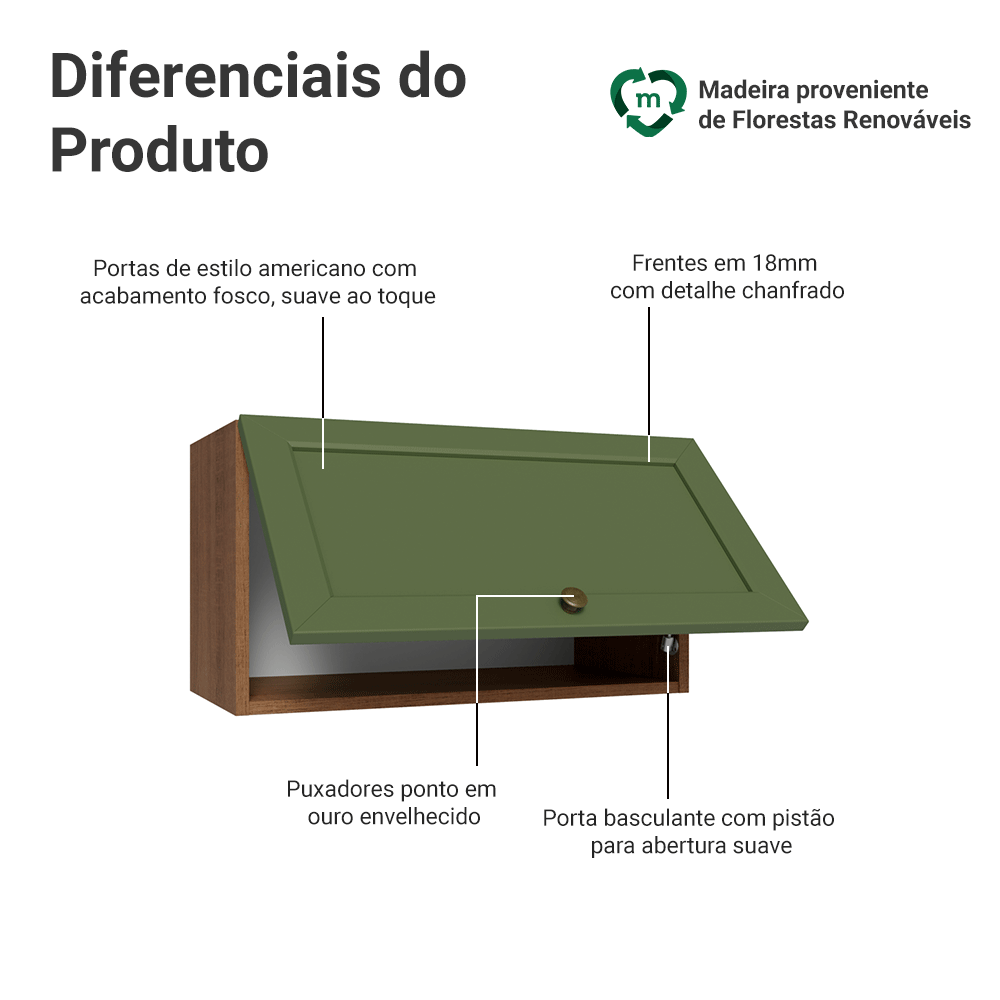 Armário Aéreo 60 cm 1 Porta Basculante Rustic/Verde Vik Madesa