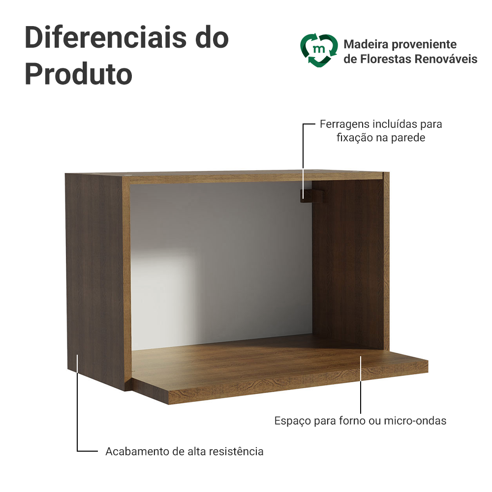 Armário Aéreo 60 cm Nicho para Microondas e Forno Elétrico Rustic Madesa