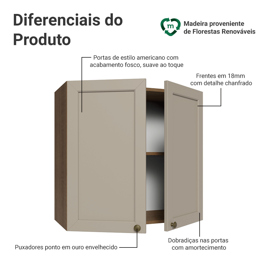 Armário Aéreo 70 cm 2 Portas Rustic/Crema Vik Madesa