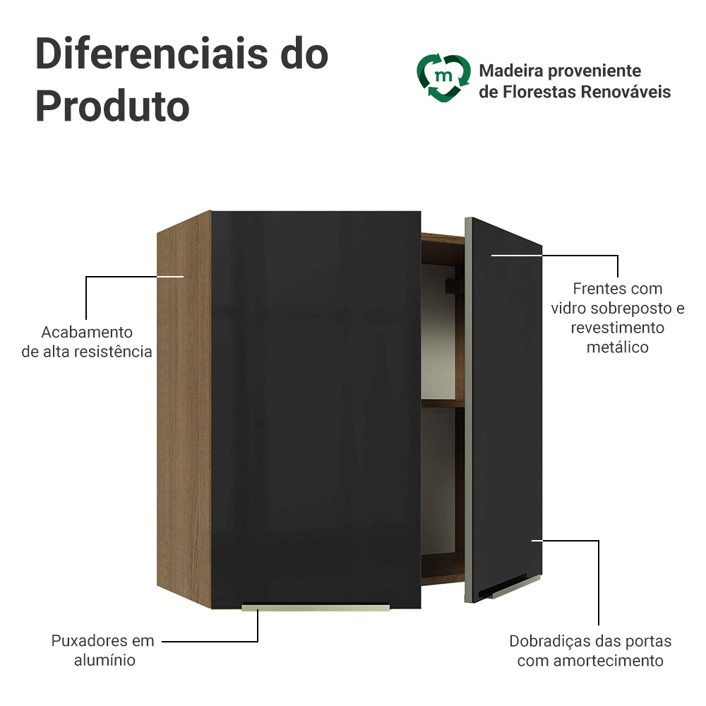 Armário Aéreo 70 cm 2 Portas Rustic/Preto Lux Madesa