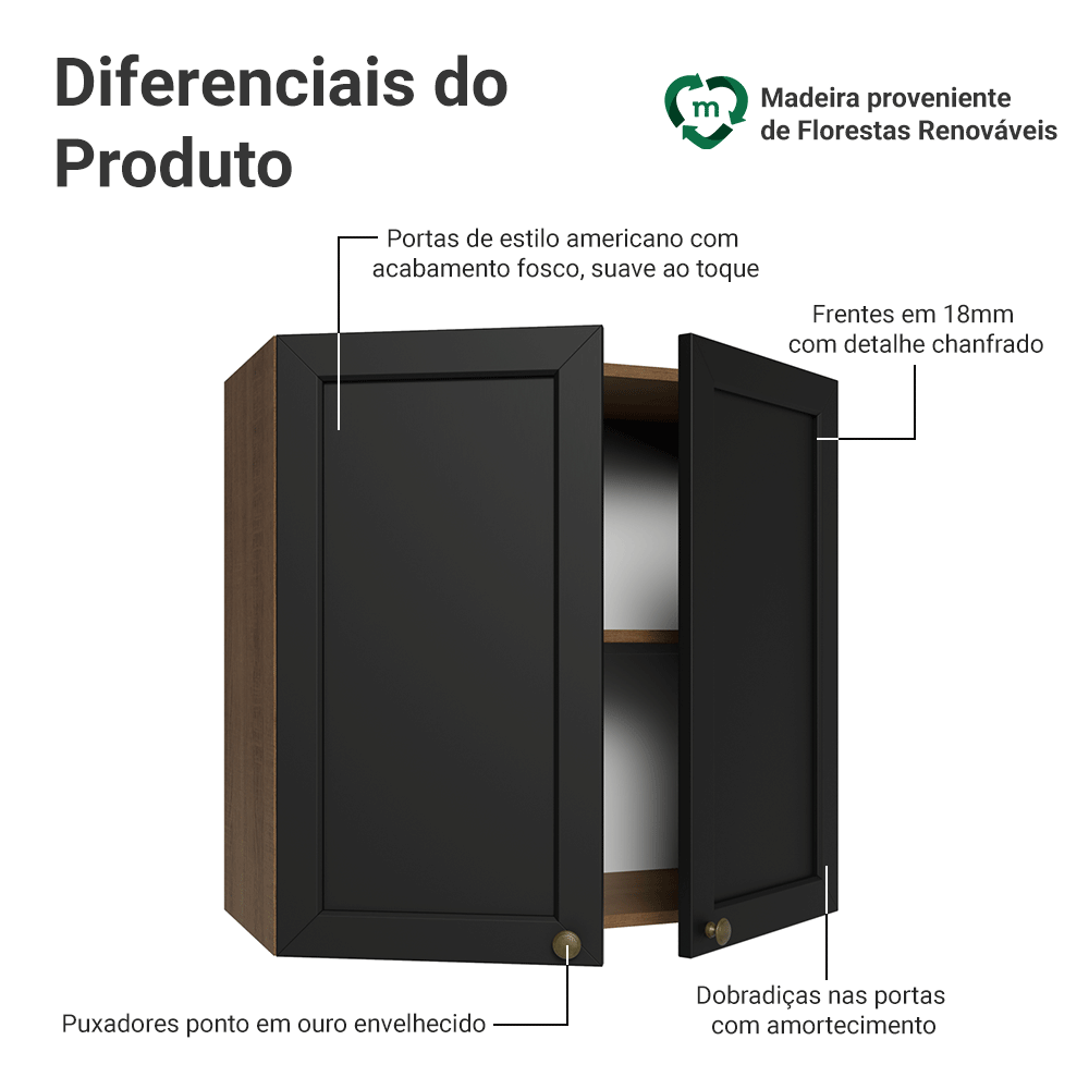Armário Aéreo 70 cm 2 Portas Rustic/Preto Vik Madesa