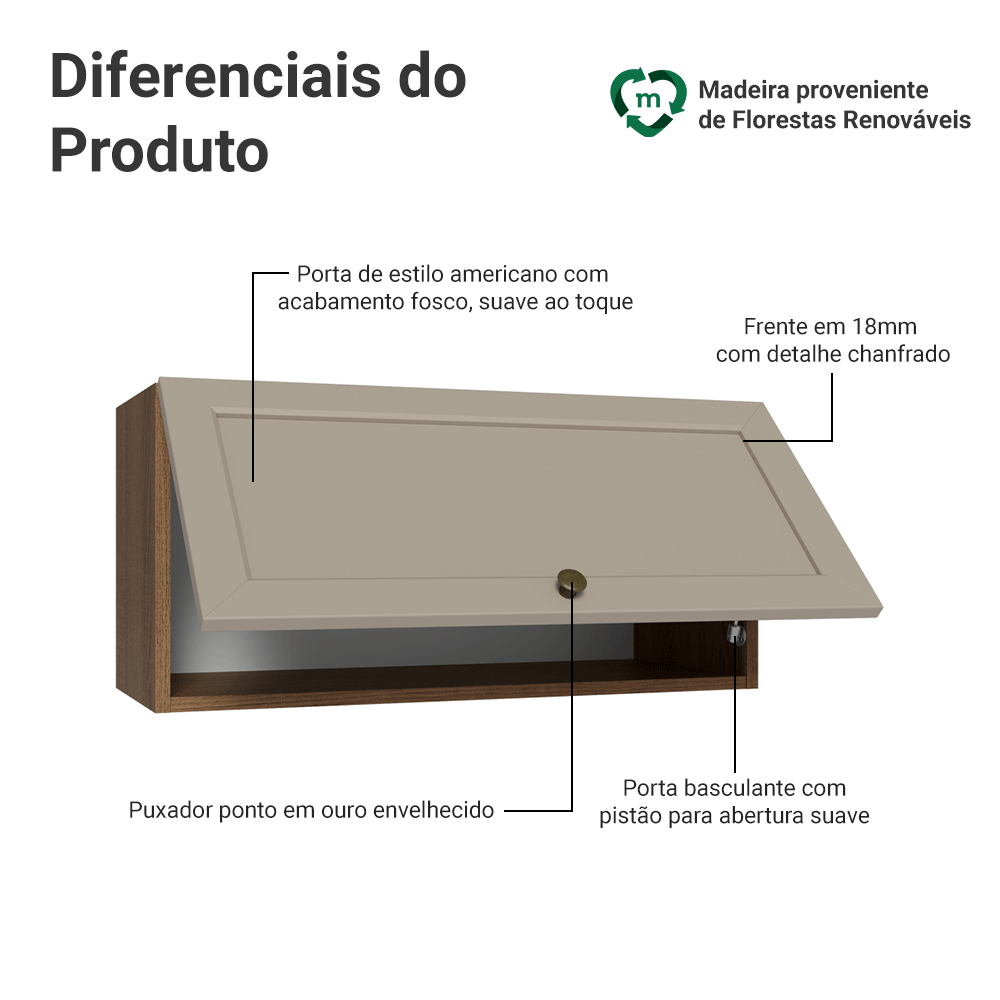 Armário Aéreo 70 cm 1 Porta Basculante Rustic/Crema Vik Madesa