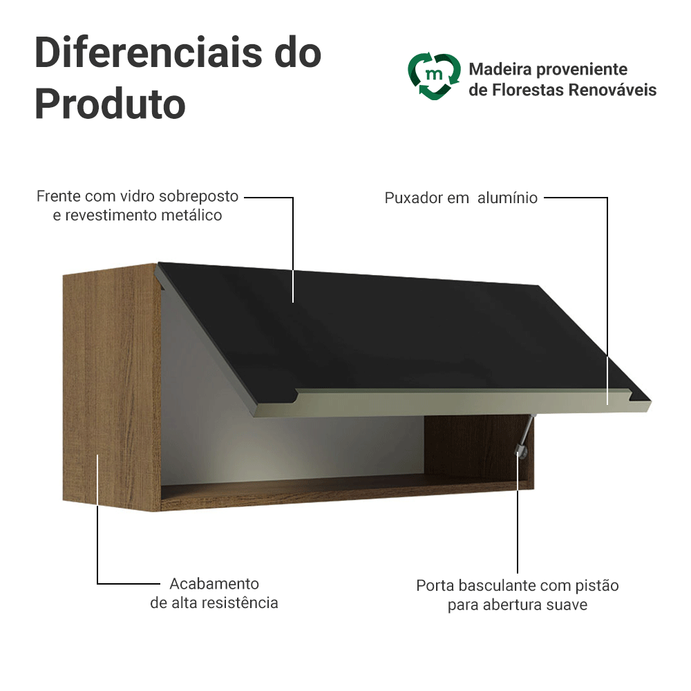Armário Aéreo 70 cm 1 Porta Rustic/Preto Lux Madesa