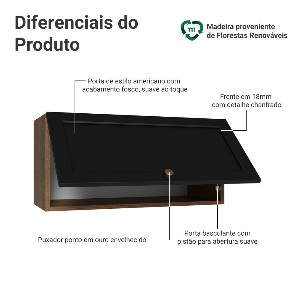 Armário Aéreo 70 cm 1 Porta Basculante Rustic/Preto Vik Madesa