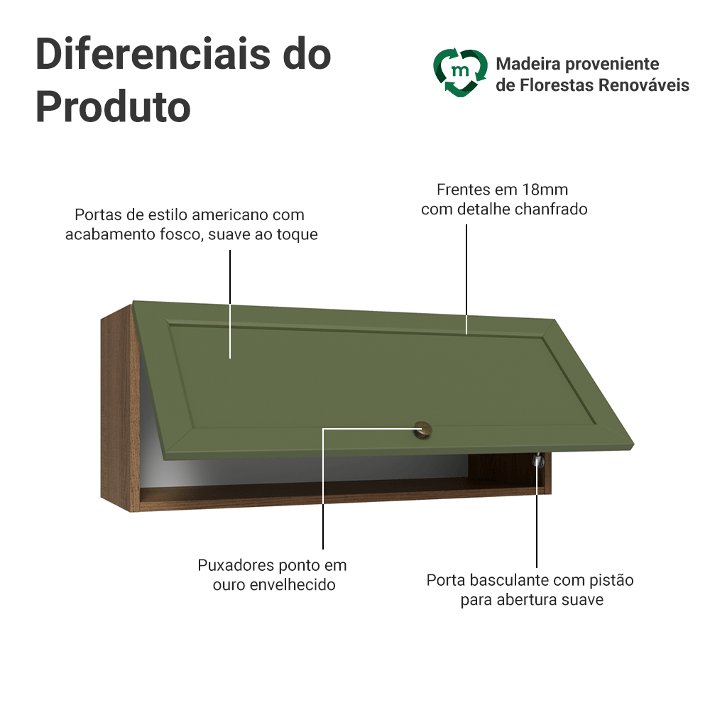 Armário Aéreo 80 cm 1 Porta Basculante Rustic/Verde Vik Madesa