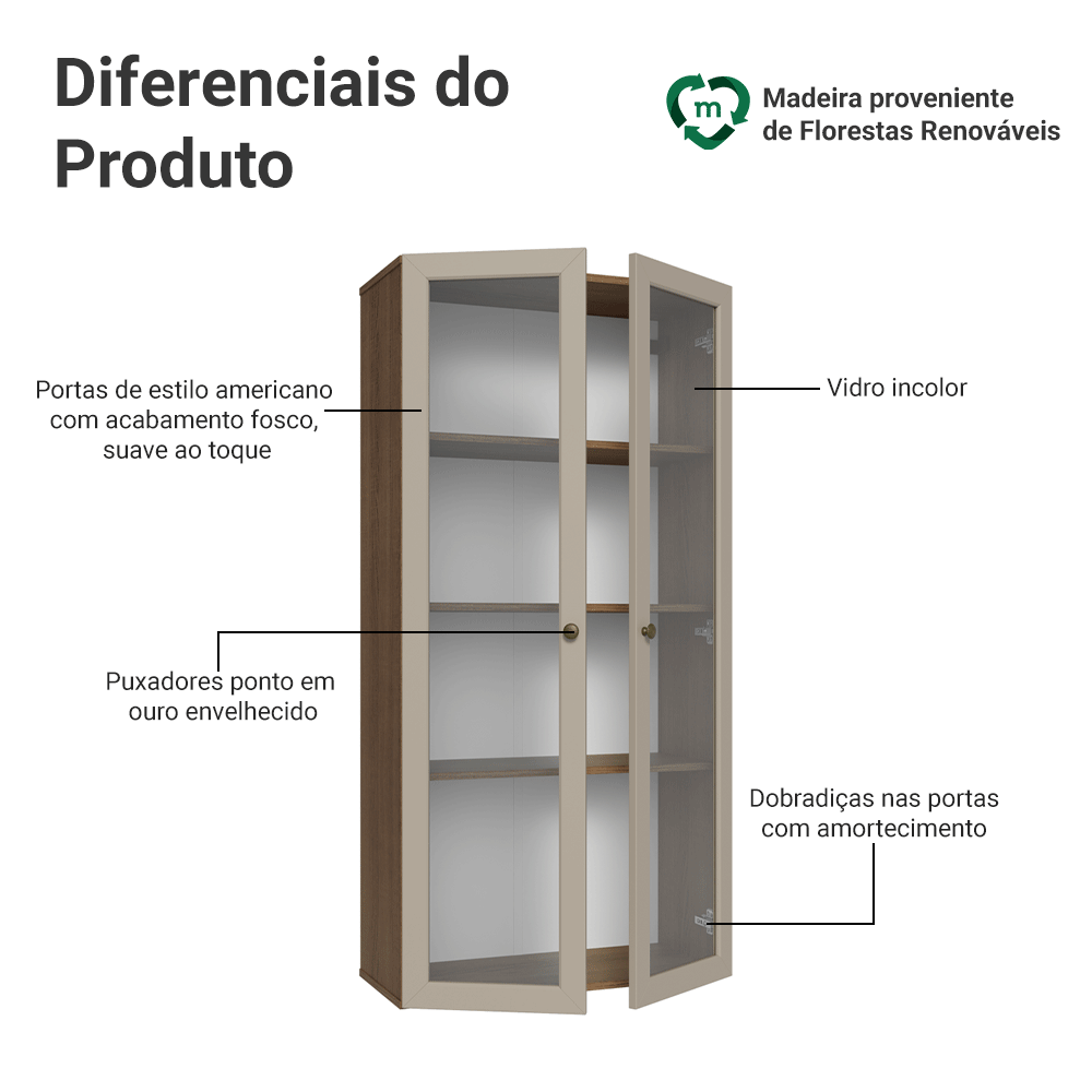 Módulo Cristaleira 70 cm 2 Portas de Vidro Rustic/Crema Vik Madesa