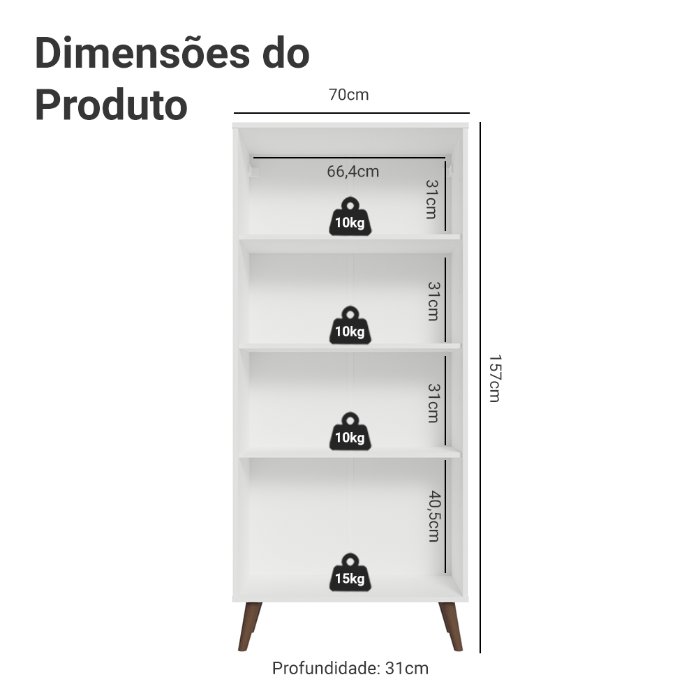 Cristaleira 70 cm 2 Portas de Vidro com Pés Cônicos Branco/Rustic Vik Madesa