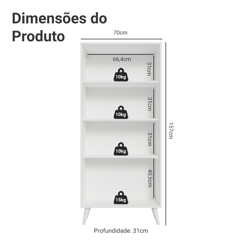 Cristaleira 70 cm 2 Portas de Vidro com Pés Cônicos Branco/Crema/Branco Vik Madesa