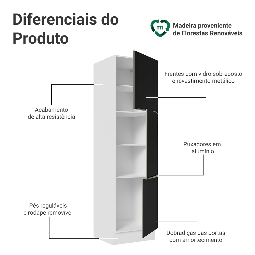 Paneleiro 60 cm 3 Portas Branco/Preto Lux Madesa