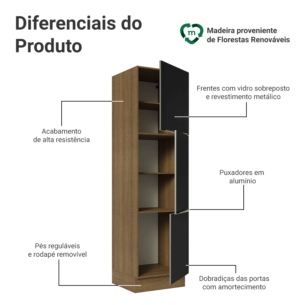 Paneleiro 60 cm 3 Portas Rustic/Preto Lux Madesa