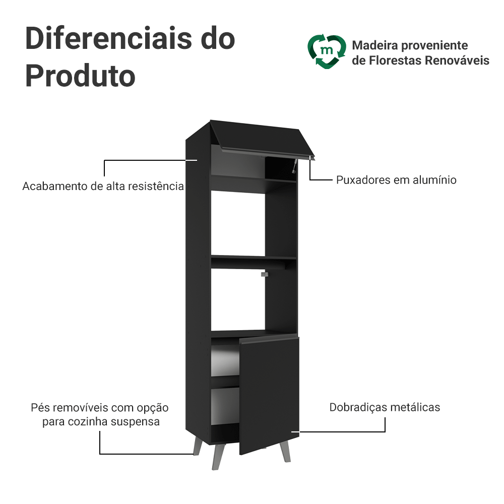 Torre Quente 60 cm 2 Portas 2 Nichos Com Pés Preto Nice Madesa