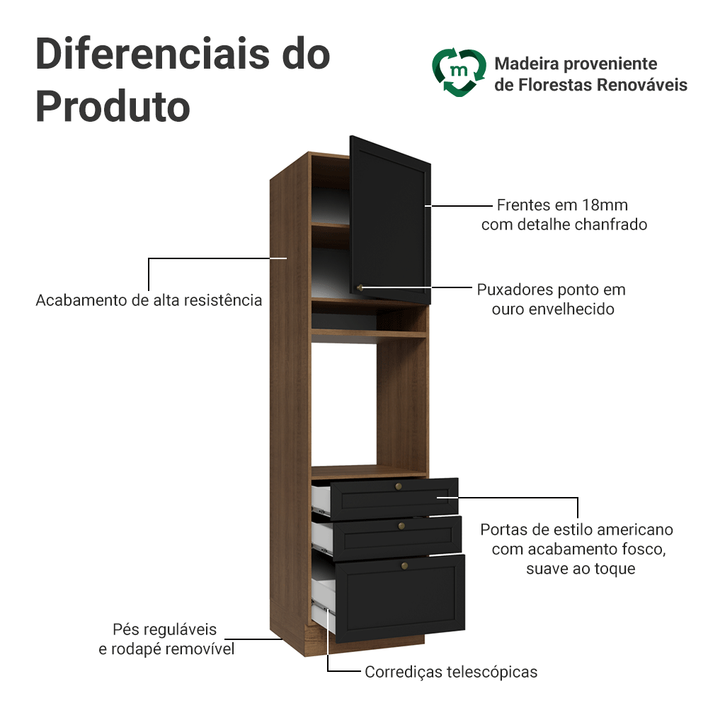 Torre Quente 60 cm 1 Porta 3 Gavetas Rustic/Preto Vik Madesa