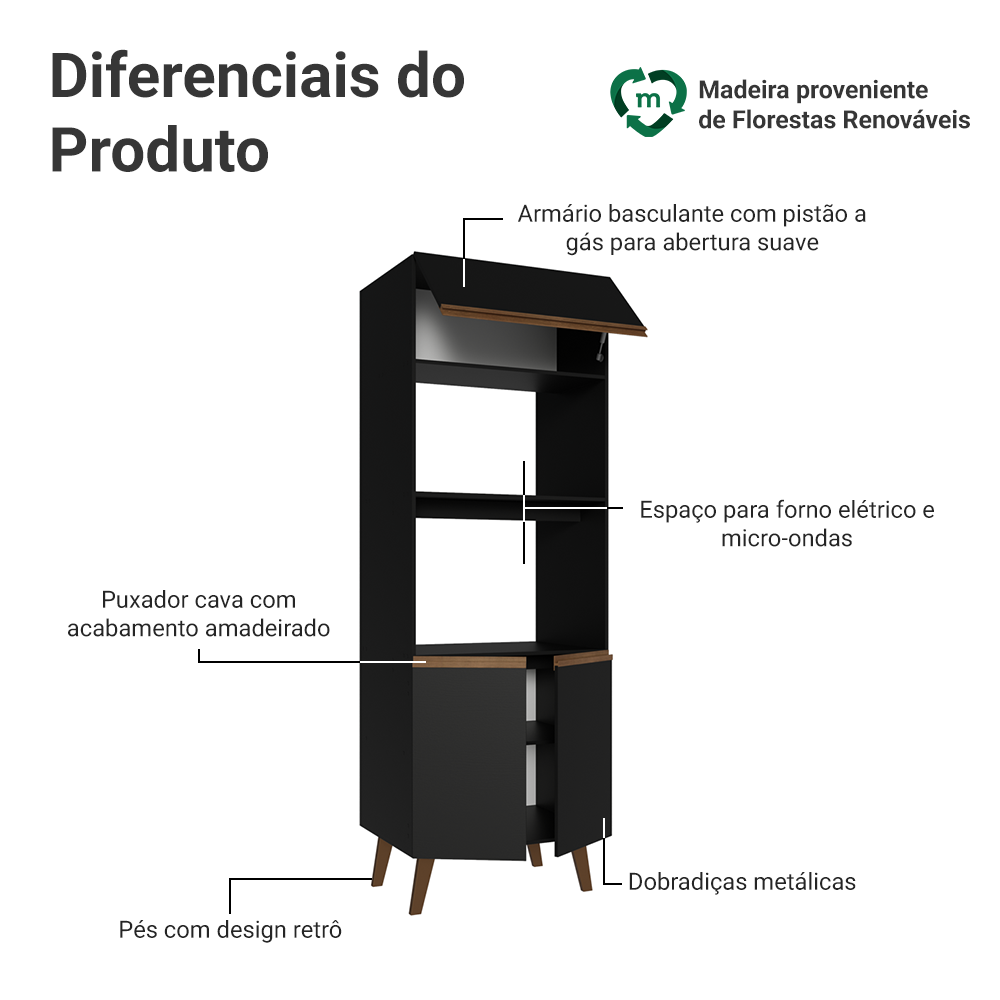 Torre Quente com 3 Portas 70 cm Preto Pieta Madesa